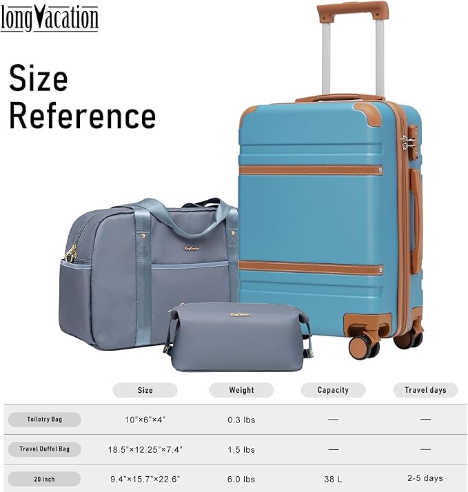LONG VACATION Carry On Luggage Set 3 Piece, 20 Inch ABS+PC Hardshell Carry on Suitcase with Spinner Wheels TSA Lock & YKK Zipper
