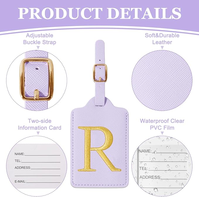 Personalized Initial Luggage Tags for Suitcases,Leather Letter Cute Luggage Tags with Privacy Name Card,Embroidered Monogrammed Travel Bag Backpack Tag Gifts for Women Kids Girls Teens(Purple-R)