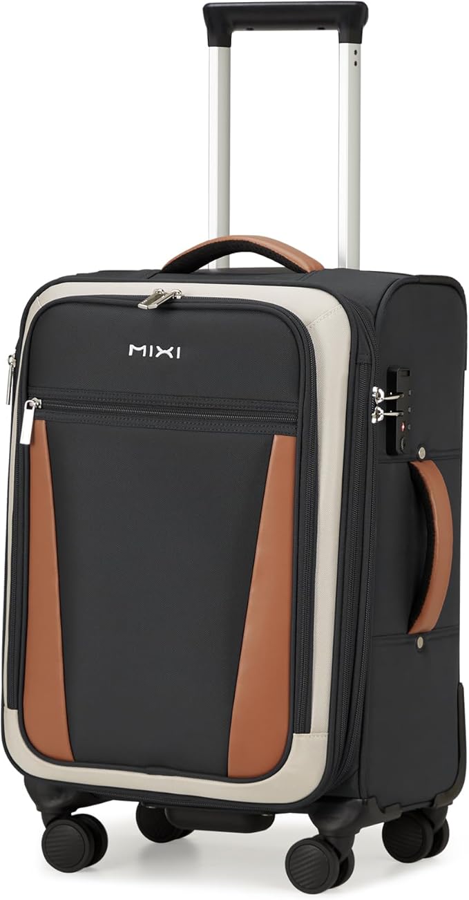 mixi Carry On Luggage 20 Inch Softside Expandable Suitcase with Front Pocket, 22x14x9 Airline Approved Rolling Lightweight Travel Suitcases with Wheels & TSA (Black-Off White)