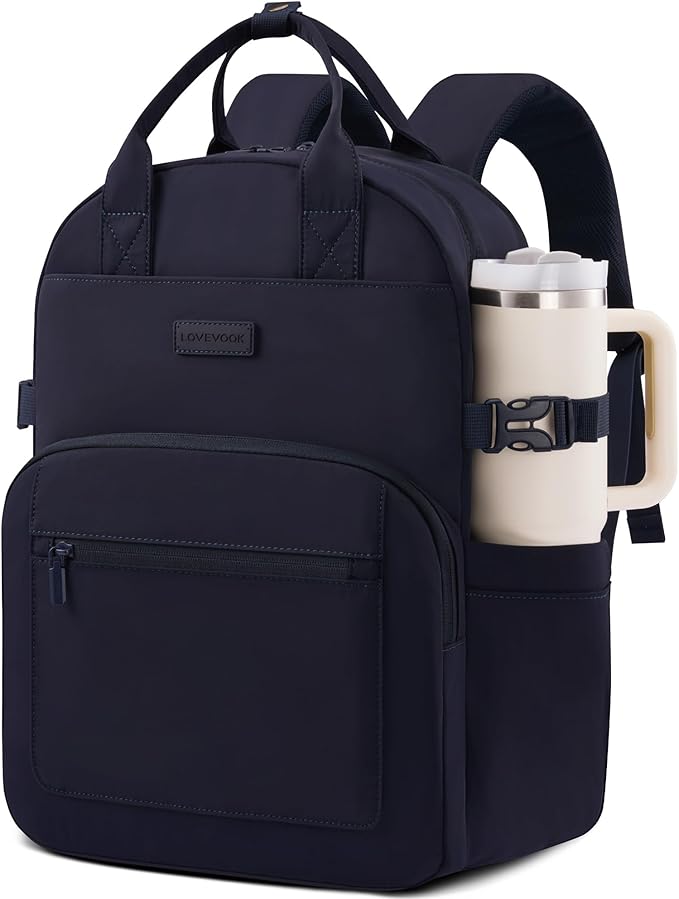 LOVEVOOK Laptop Backpack for Women - Stylish Work Backpack with Large Cup Holder, Waterproof College Teacher Backpack, Navy, 15.6Inch