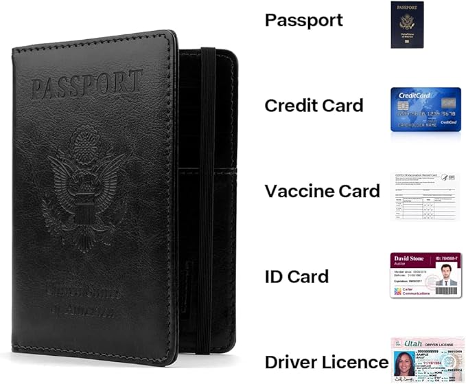 Passport Holder for Travel, 2 Pack Passport Cover, Waterproof Passport Wallet Leather Passport Holder Pen Holder Passport Holders for Women Men Family Travel Must Haves Essentials, Black+Navy Blue