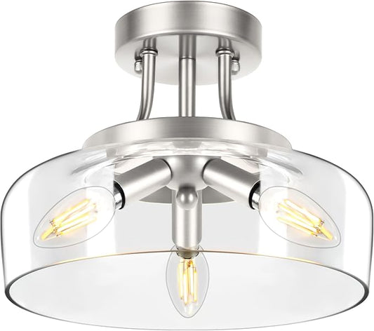 3-Light Semi Flush Mount Light Fixture, Modern Industrial Glass Ceiling Light with E12 Base, Metal Semi Flush Ceiling Light for Living Room Kitchen Bedroom Hallway Balcony, No Bulbs, Nickle