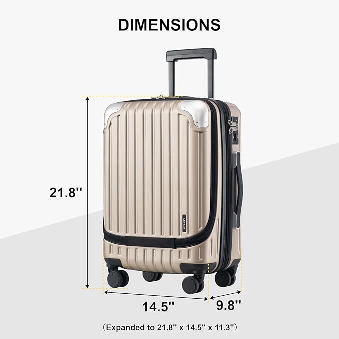 LEVEL8 Grace Carry on Luggage with Front Compartment, 20 Inch Expandable Hardside Suitcases with Wheels, Abs+Pc Harshell Spinner Luggages with Tsa Lock, Travel Bag for Women Men, Champagne
