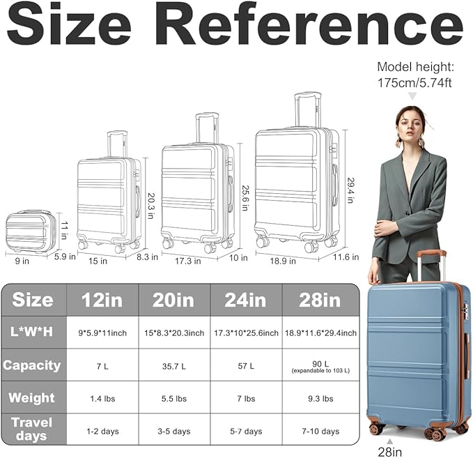 Kono 28 Inch Luggage Expandable Suitcase with Spinner Wheels TSA Lock Lightweight PC+ABS Hardside Large Checked Luggage Durable Rolling Suitcase Apricot Blue