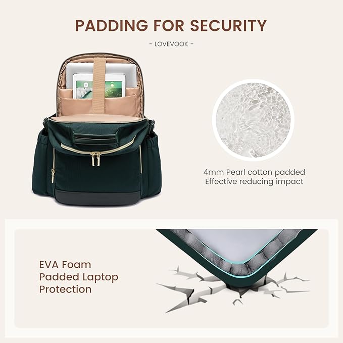 LOVEVOOK Laptop Backpack for Women with Pouch Pocket for Large Capacity Cup,15.6 Inch Laptop Computer Bag Travel Backpack Purse,Waterproof Work Business Backpack College Teacher Bags,Dark Green