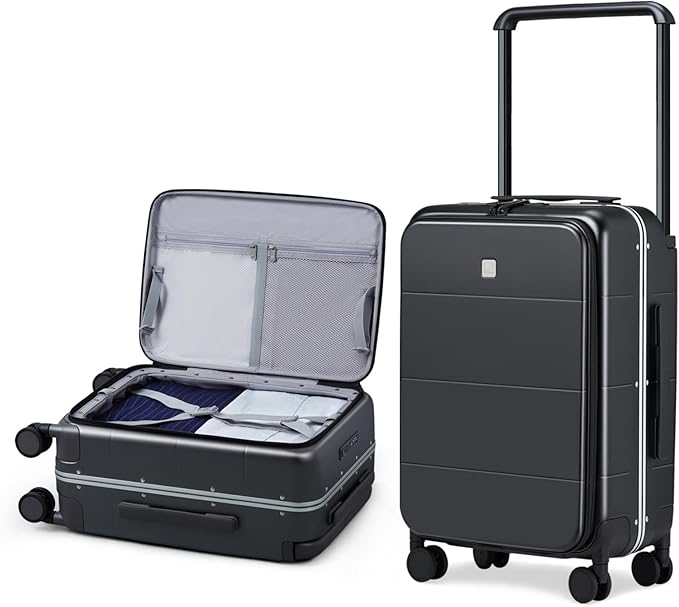 Hanke Top Opening 24 Inch Luggage with Spinner Wheels, Aluminum Frame All-PC Hard Shell Medium Suitcase, Trunk Wide Handle Luggage for Travel, TSA Checked-Medium (Jet Black, 69L)