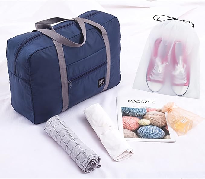 Foldable Travel Duffel Bag 2PCS Tote Carry on Luggage Bag Spirit Airlines Personal item Sports Gym Bag Water Resistant Weekender Overnight Bags for Women and Men (Green+Blue)