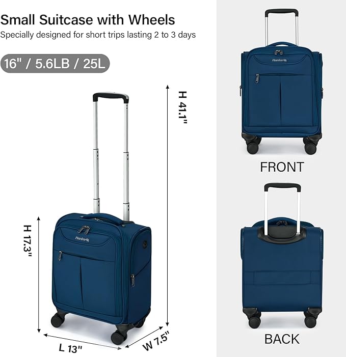 Hanke Underseat Carry On Luggage with Wheels, Lightweight Small Suitcase Airline Approved 16 Inch Softside Personal Item Travel Bag for Women Men, Compact Under Seat Luggage with Spinner Wheels.(Blue)