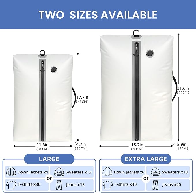 BAGAIL TPU Vacuum Bag for Travel, Reusable Compression Bag with IPX8 Waterproof Zipper, Save Space for Suitcase, Backpack and Carry on (Cream, Large, With Pump)