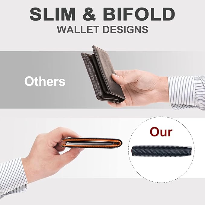 Chelmon Slim Wallet for Men ID Window with RFID Blocking Front Pocket Minimalist Bifold Bussiness Card Holder Gift for Men, Carbon Black & Orange