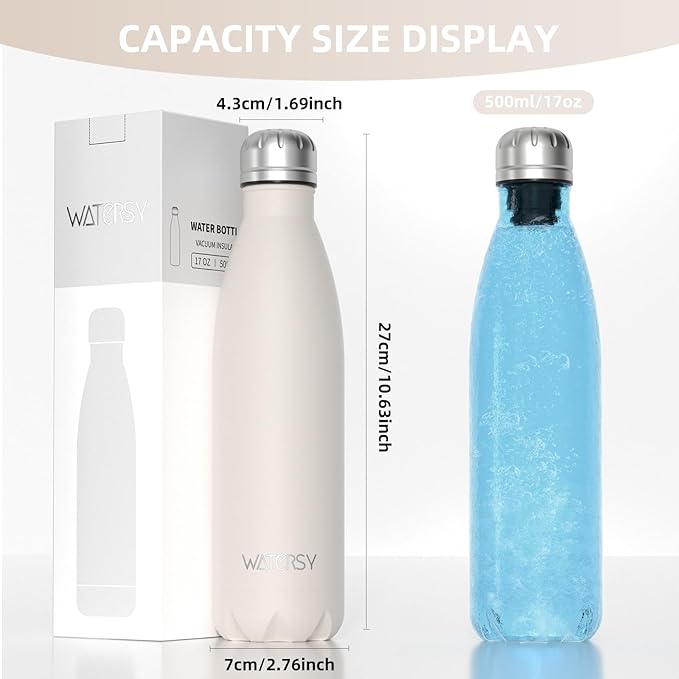 WATERSY Stainless Steel water bottles,17oz/500ml Insulated Water Bottles,Ivory Beige metal water bottle Keeps Drink Cold and Hot,BPA Free kids water bottles for School,Gym,Travel,Sports