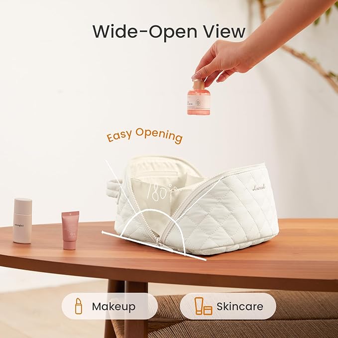 LOVEVOOK Travel Makeup Bag for Women, 2Pcs Puffer Waterproof Cosmetic Organizer, Large Capacity Pouch Open Flat Small Toiletry Bag with Brush Compartment & Handle (Off-white, Medium)