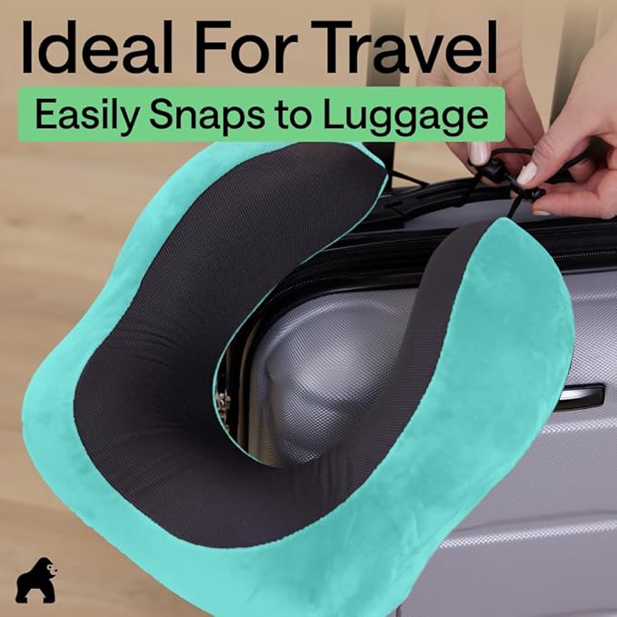 GORILLA GRIP Adjustable Travel Neck Pillow for Airplanes, CertiPUR-US® Memory Foam, Soft Velvet, Cooling Mesh Pillows, Support Headrest for Sleeping, Traveling Essentials, Flight Accessories Turquoise