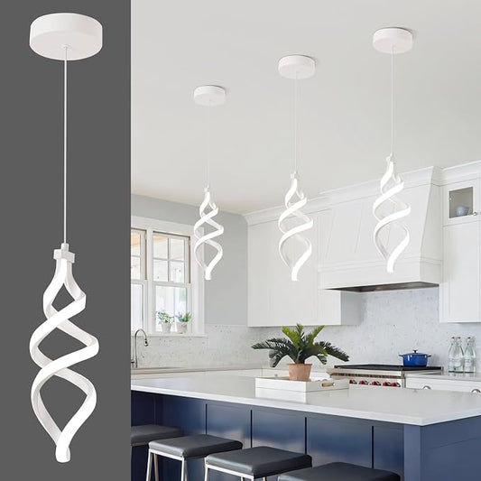 Modern Led Pendant Light Fixture, 15W White Spiral Led Chandelier Hanging Lamp, 4500K Daylight White Pendant Lamp, Adjustable Height Pendant Light for Kitchen Dining Room Bedroom Kitchen Island Cafe