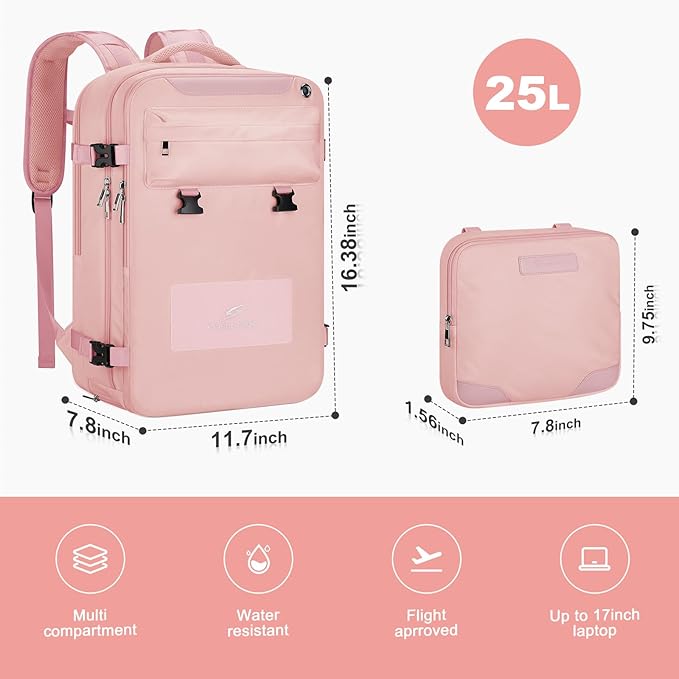 Maelstrom Travel Backpack for Women Men,25L Laptop Backpack Fits 15.6-Inch Laptop,Waterproof Carry On Backpack for Airplanes with Detachable Crossbody Bag & Shoe Compartment (Pink, Medium)
