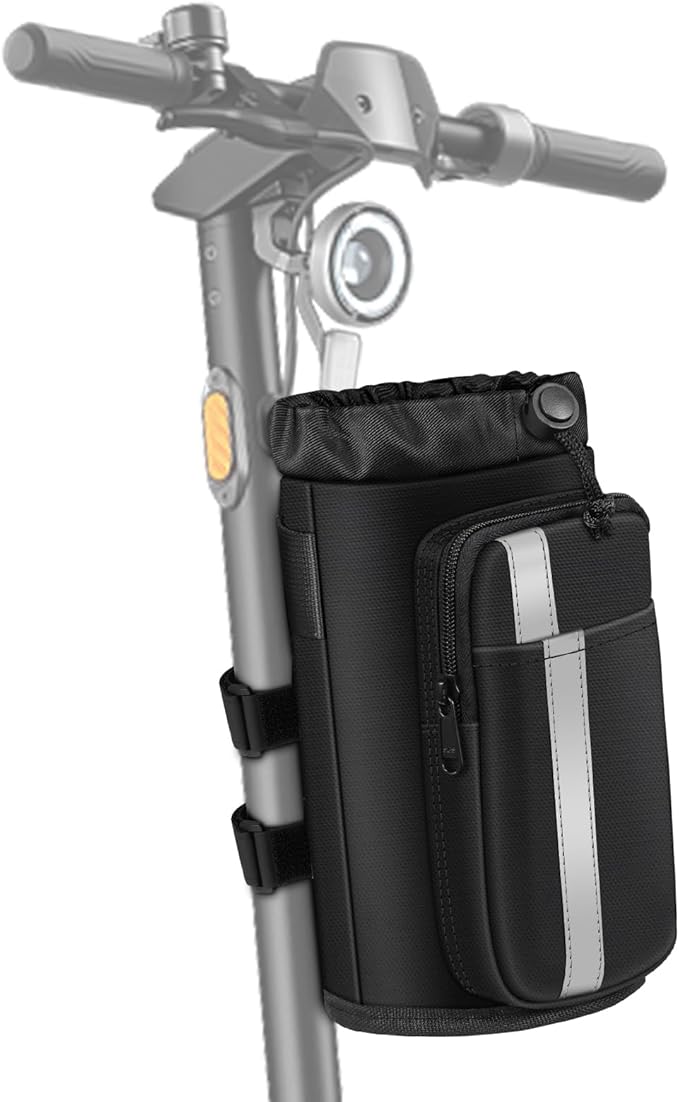 FINPAC Cup Holder for Bike, Universal Water Bottle Holder with Phone Pockets for Stroller Walker Golf Cart Rollator and Scooter, Outdoor, Biking - Black