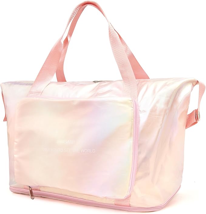 IwIeIaIrI Weekender Overnight Bags for Women Men,Waterproof Lightweight Foldable Gym Duffel Dance Bag for Girls Kids Women Weekend Travel with Laser Color (Pink)