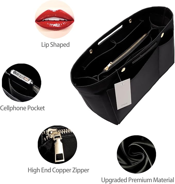 ZTUJO Purse Organizer Insert For Handbags, Silky Bag Organizer With 2 Zippers For Speedy Neverful Tote and More (Black, Large)