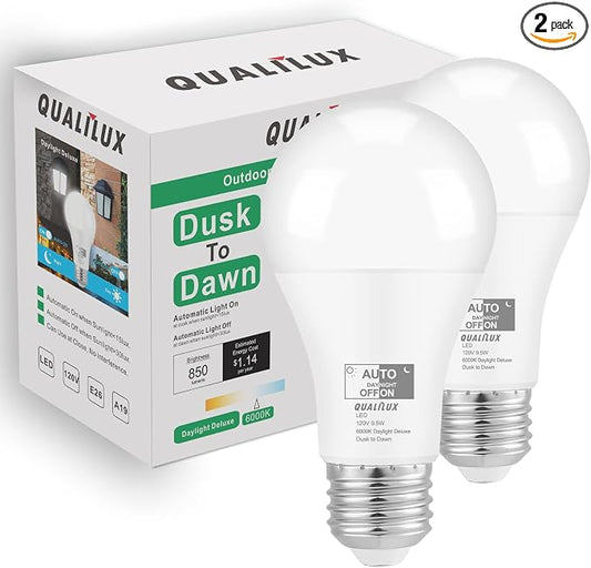 Qualilux Dusk to Dawn Light Bulbs Outdoor 850 Lumen, 60W Equivalent, Daylight Deluxe 6000K, LED 9.5W, A19, E26 Base, 2-Pack, HQ-H002