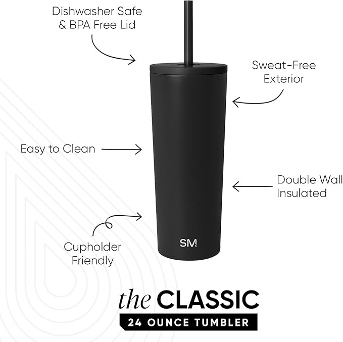 Simple Modern Classic Tumbler with Straw Lid | Insulated Iced Coffee Cup Reusable Stainless Steel Water Bottle Travel Mug | Gifts for Women Men Her Him | 24oz | Midnight Black