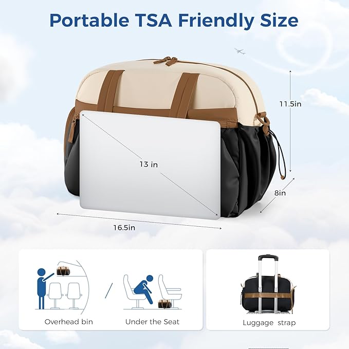 Gym Bag for Women, Puffer Travel Duffle Bag With Shoes Compartment & Wet Pocket, Carry On Tote Bag For Weekender, Overnight, Sport duffel bags for traveling (Beige & Brown, Medium)