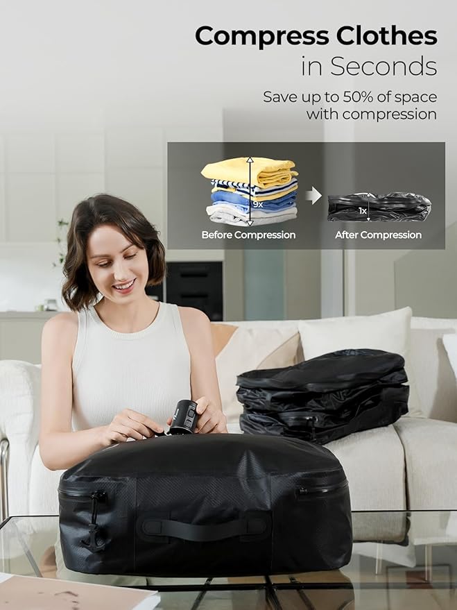 Vacuum Bags for Travel, 180° Open Zipper, IP67 Waterproof, Reusable Space Saver Compression Bags for Backpack, Suitcase(1 Pack, No Pump)