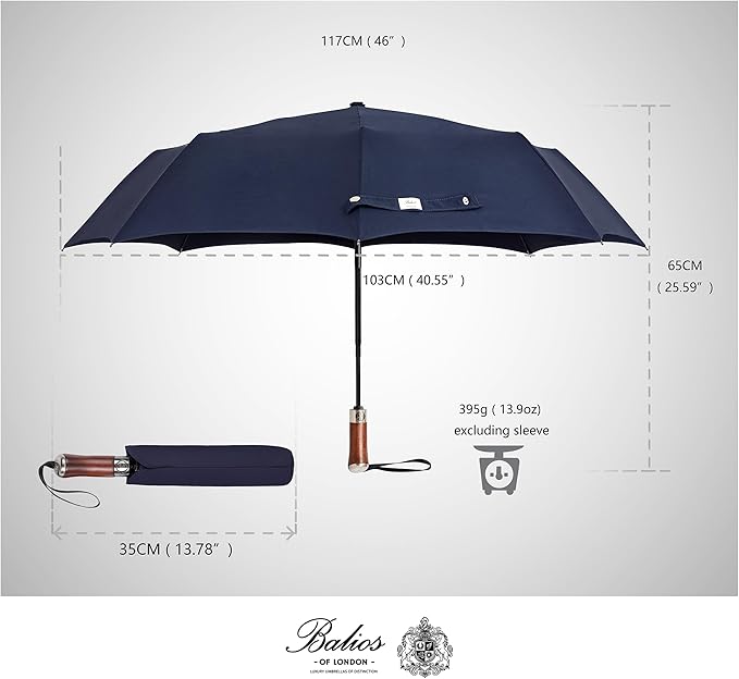 Balios (Designed in UK) Travel Umbrella Luxurious Golden Hardwood Handle Auto Open & Close Windproof Frame Single Canopy Automatic Folding Umbrella Men's & Ladies