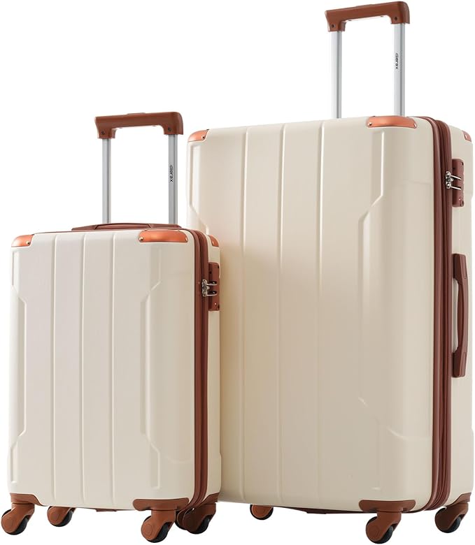 Merax 28 Inch Checked-Large Luggage with Wheels Aluminum Alloy Corner Hard Shell Suitcase TSA Luggage Suitcases for Travel Woman Men(White Brown)