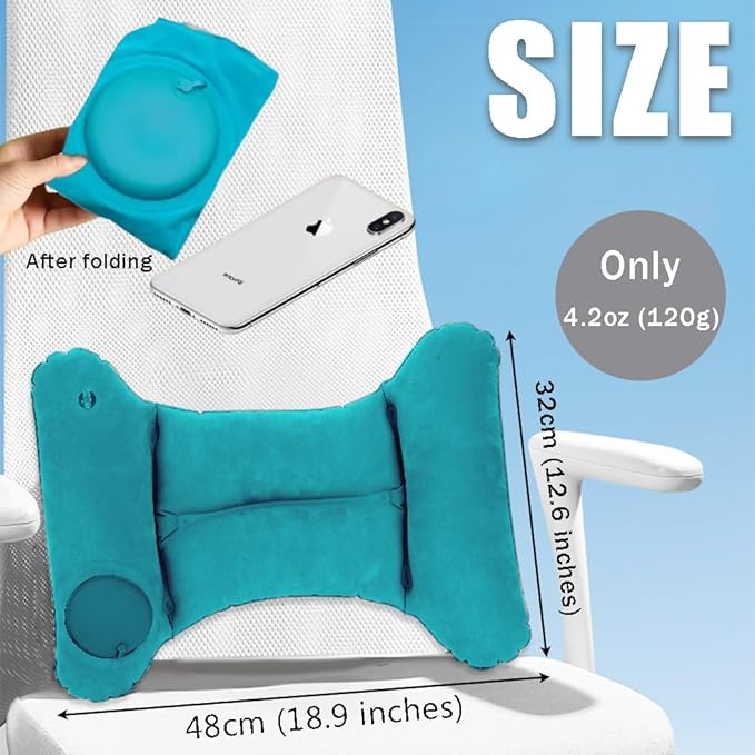 Foldable Inflatable Lumbar Support Pillow,H-Type Self Pressing Inflation Pillow for Office Chair and Airplane Travel Seat,Back Pain Relief Improve Posture (Teal Blue)