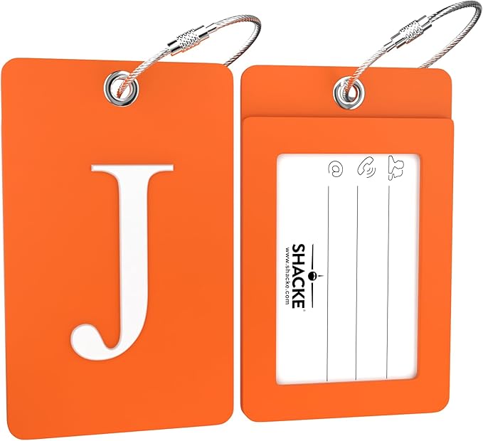 Shacke Luggage Tag Initial – Fully Bendable Tag w/Stainless Steel Loop - Orange (Letter J)