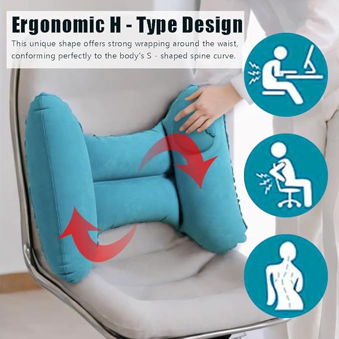 Foldable Inflatable Lumbar Support Pillow,H-Type Self Pressing Inflation Pillow for Office Chair and Airplane Travel Seat,Back Pain Relief Improve Posture (Teal Blue)