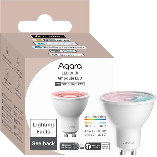 Aqara Thread/Zigbee Smart LED Light Bulb T2 GU10,Tunable White(2000K-9000K) | RGB Color Changing Light Bulb with 16 Million Colors, Matter, Works with HomeKit, Alexa, Google