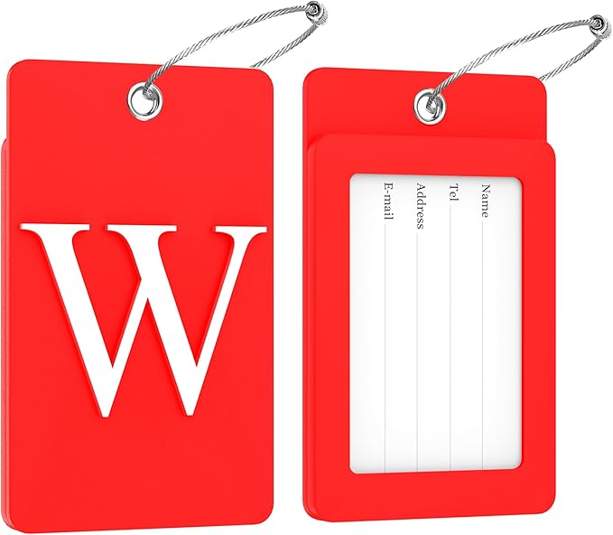 Gostwo 2 Pack Luggage Tags for Suitcases, 26 Initial Letter Travel Luggage Baggage Identification Labels ID Tag Fully Bendable Tags with Stainless Steel Loop (Red) (Letter W)