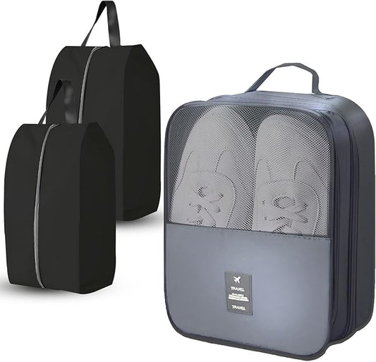 Shoe Bags for Travel Holds 3 Pair of Shoes, Shoe Storage Pouch with 2 Pack Portable Bags, Waterproof & Washable, Grey