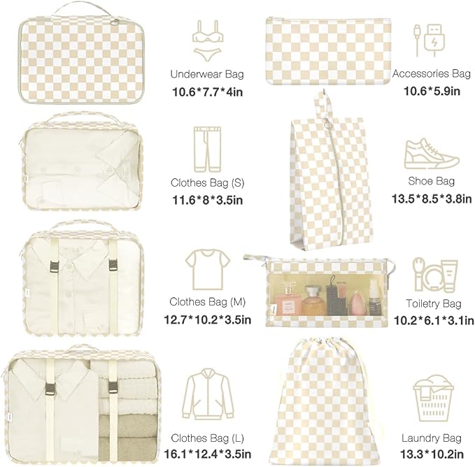 8 Set Packing Cubes for Suitcases,Packing Cube with Shoe, Cosmetics, Clothing, and Accessories Bags Packing Cubes for Travel Luggage Organizer Women Men(Khaki Checkered)
