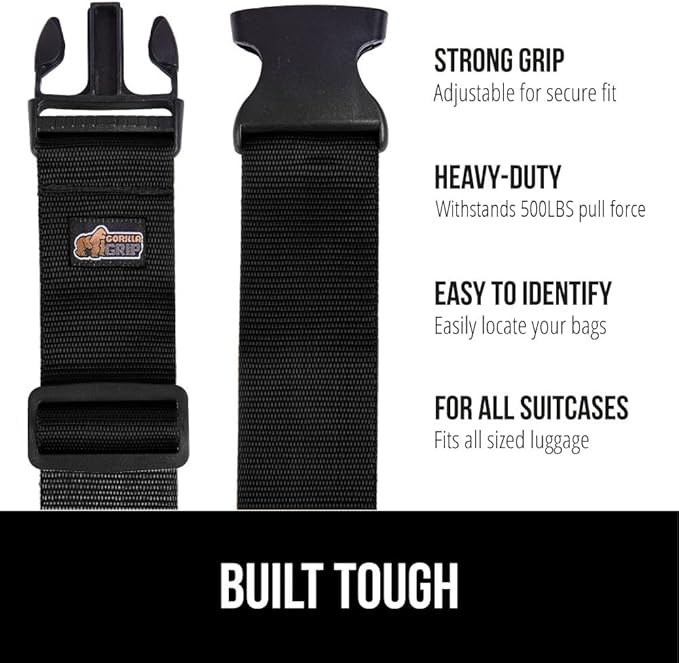 GORILLA GRIP Heavy Duty Adjustable Luggage Straps for Suitcases, Easy to Identify Travel Belt Connector Holds Suitcase Together, Extends Life of Bag, Strap Connects Two Bags, Accessories 2 Pack Black