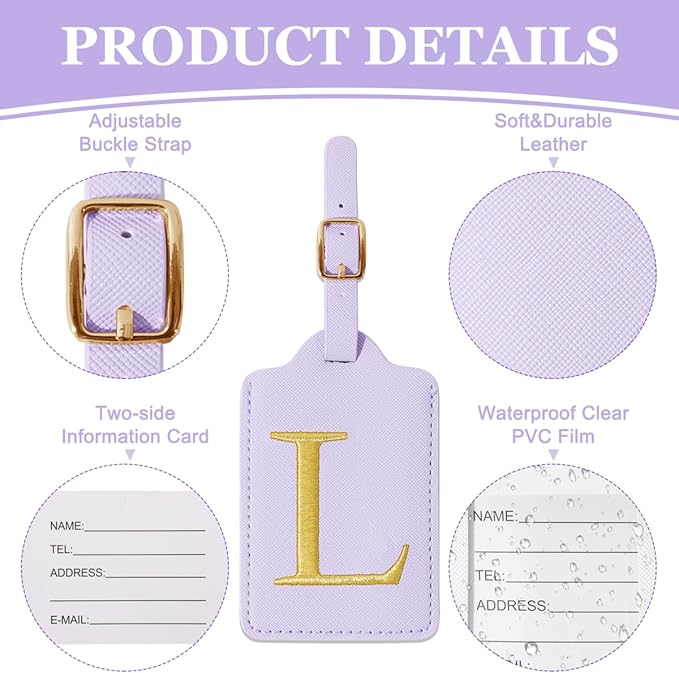 Personalized Initial Luggage Tags for Suitcases,Leather Letter Cute Luggage Tags with Privacy Name Card,Embroidered Monogrammed Travel Bag Backpack Tag Gifts for Women Kids Girls Teens(Purple-L)