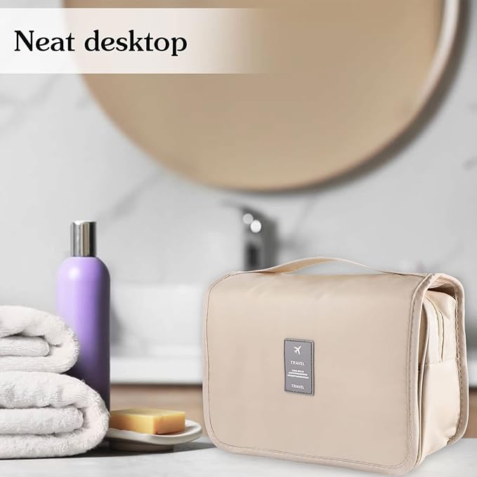 Pengxiaomei Toiletry Bag for Women, Waterproof Hanging Cosmetic Bag Portable Travel Makeup Pouch Multifunction Handle Bathroom Bag for Mothers Day Gifts (Beige)