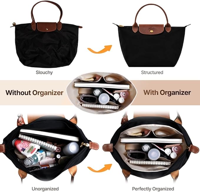 Waterproof Premium Nylon Purse Organizer Insert for Longchamp Le Pliage Tote Bag (Black, Small)