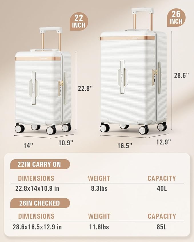 Joyway 22 Inch Carry on Luggage with Cup Holder, Hard Shell Suitcases with Shock Absorbing Spinner Wheels and Pressure-resistant Frame, Lightweight Carry-on Luggage with TSA Lock, Beige