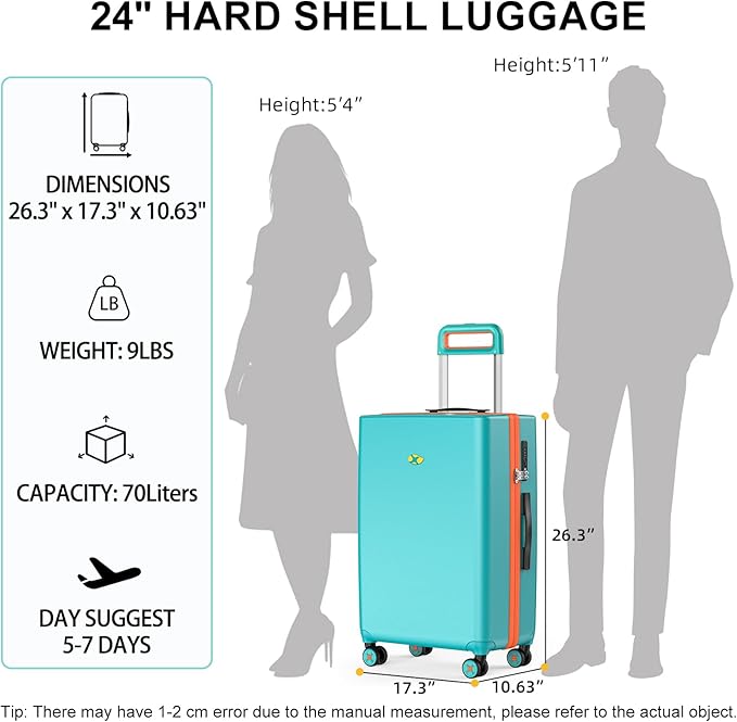 24 Inch Medium Checked Luggage, Hardside Rolling Suitcase with 4 Spinner Wheels & TSA Approved Lock,PC Hard Case Lightweight Carry Luggage for Women