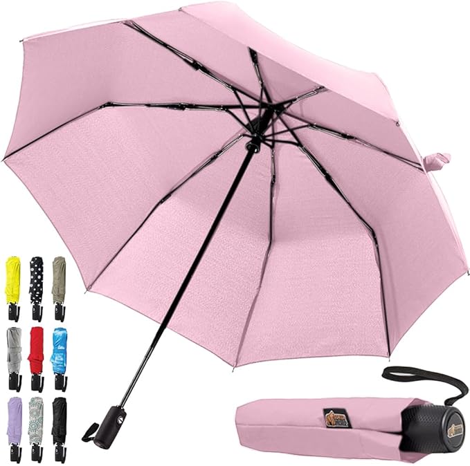 GORILLA GRIP Strong Windproof Stick Compact Umbrella for Rain, One-Click Automatic Open and Close, Durable Quick Dry Waterproof Material, Lightweight and Portable, Travel Size Fits Backpack, Pink