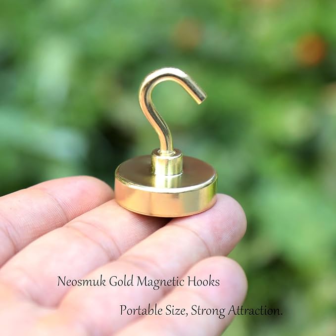 Neosmuk Magnetic Hooks,Heavy Duty Earth Magnets with Hook for Refrigerator, Extra Strong Cruise Hook for Hanging, Magnetic Hanger for Curtain, Grill(Gold, 6 Pack)