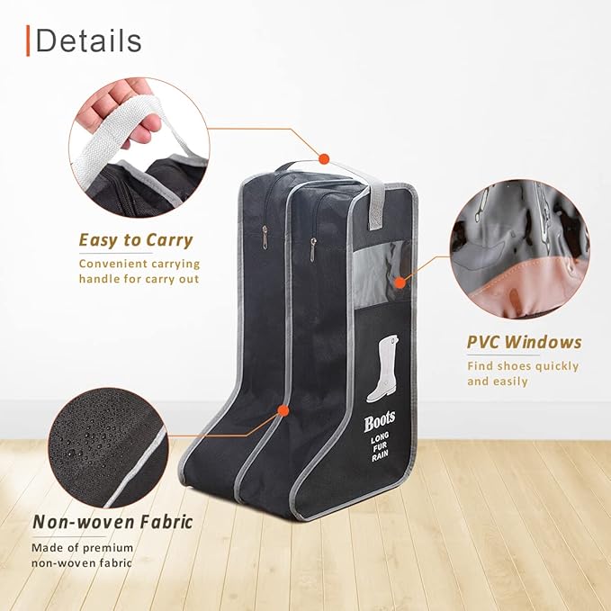 Upgraded 2 Pack Portable Boots Storage Bag, Black Shoe Bags for Storage and Travel Dust Proof Travel Shoe Bags for Packing (Extra Large, 57 * 34 * 30)