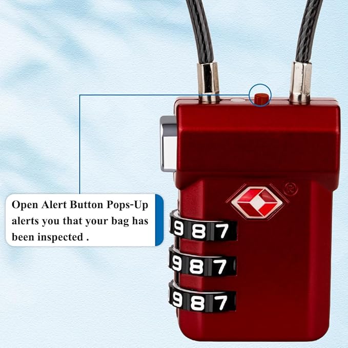 SURE LOCK TSA Approved Luggage Locks – 3-Digit Combination Cable Lock with Red Indicator, Large Dial & Easy-Press Button for Suitcases and Backpacks – Multi-Pack & Color Options