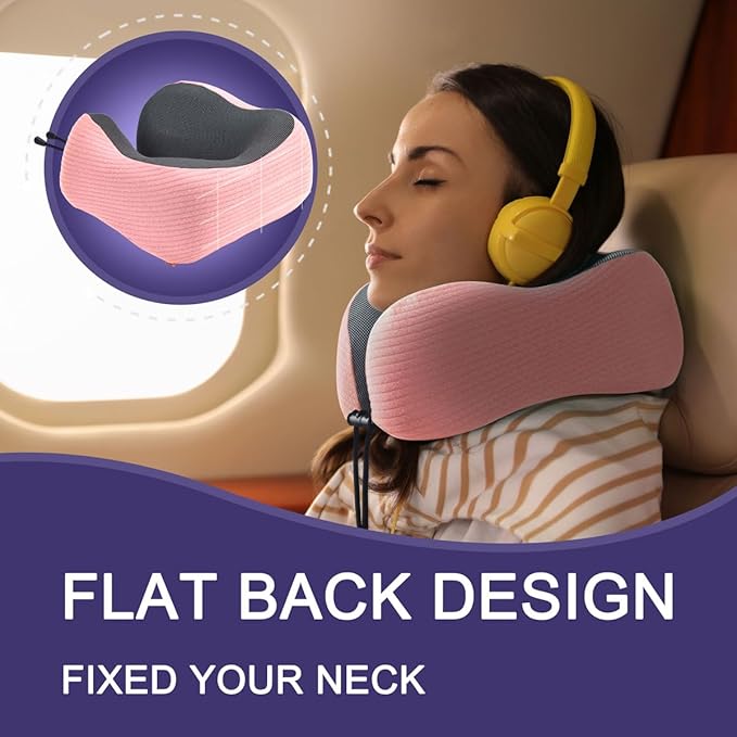 napfun Neck Pillow for Travel with Travel Pouch, Sleep Mask & Earplugs, Memory Foam Airplane Pillow for Headrest Sleep with Eyeshades, Plane Essentials with Eye Blindfold, Pink Striped Kit