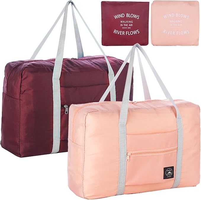 Foldable Travel Duffel Bag 2PCS Tote Carry on Luggage Bag Spirit Airlines Personal item Sports Gym Bag Water Resistant Weekender Overnight Bags for Women and Men (Pink+Red)