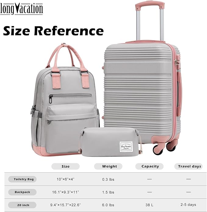 LONG VACATION 3 Piece Carry On Luggage 20 Inch Suitcase with Spinner Wheels, ABS+PC Hardshell Suitcase set with TSA Lock & YKK Zipper