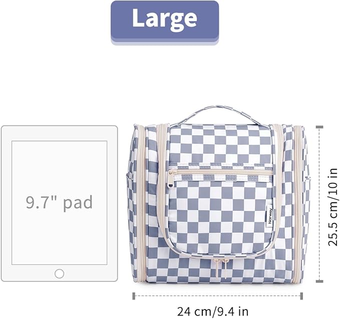 Narwey Checkered Hanging Travel Toiletry Bag for Women, Travel Bag for Toiletries, Makeup Bag Organizer Cosmetic Bags Make Up Bags for Women (Grayish Blue Checkerboard)