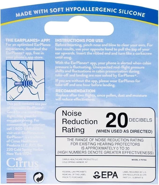 Original Adult EarPlanes by Cirrus Healthcare Earplugs Airplane Travel Ear Protection Bonus Pack (3 Pair)